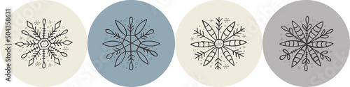 A set of hand-drawn snowflakes. Vector illustration in doodle style. Winter mood. Hello 2023. Merry Christmas and Happy New Year. Gray elements on a gray background.