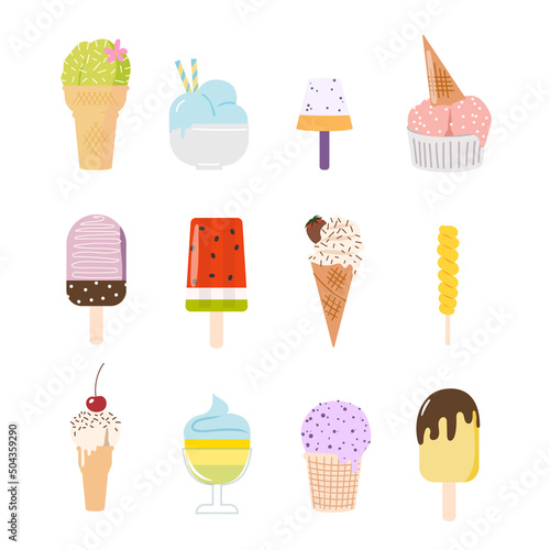 Summer set of various types of ice cream, popsicle, fruit ice, with chocolate chips, on a stick, etc