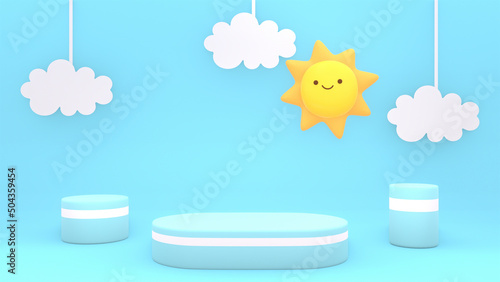 3d rendered product display podiums with cute sun and hanging paper clouds.
