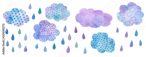 Clouds and rain drops, watercolor illustration isolated on a white background