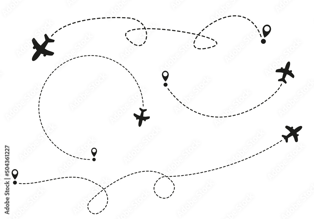 Airplane routes on white background. Romantic travel concept. Airplane line path, vector icon of air plane flight route on white background. Vector illustration. Airplane routes on white background. Romantic travel concept. Airplane line path, vector icon of air plane flight route on white background. Vector illustration.