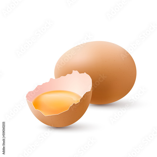 Fresh Organic Chicken Eggs on White Background. Raw Brown Eggs with Yolk in the Shell