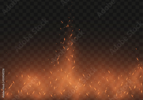 Fire flying sparks on background. Realistic fire, smoke, and sparks. Vector illustration.