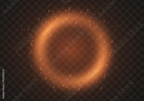 Circle fire flying sparks on background. Realistic fire, smoke, and sparks. Vector illustration.