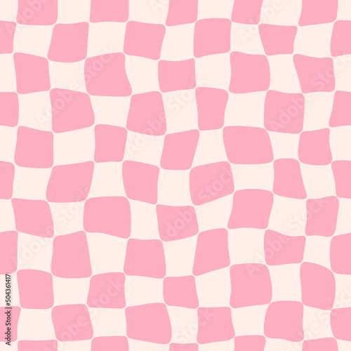 Trippy grid seamless pattern. Groovy distorted chessboard background. Textile design with pink check. Retro style 60s 70s. Vector illustration