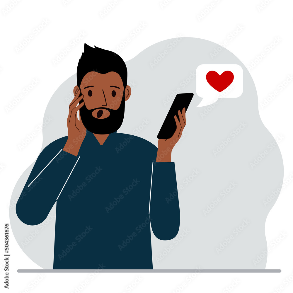 Surprised man reads a message on his mobile phone. Message with red heart. Vector