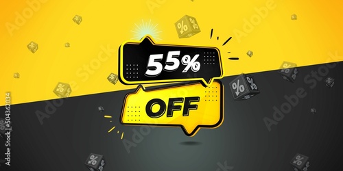 55  off limited special offer. Banner with fifty five percent discount on a  black and yellow background with yellow square and black