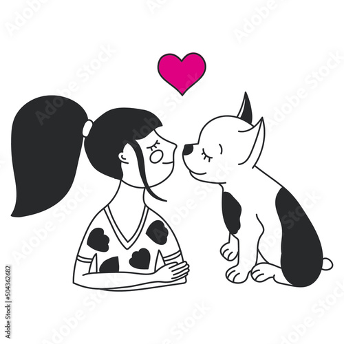 Kid Hugging Pet. Embracing Cute Child With Best Friend. Pet Family Portrait. Happy Little Puppy Adoption. Friendship with Animals. Dog lovers Illustration. Design For Veterinary Clinic and Adoption. 