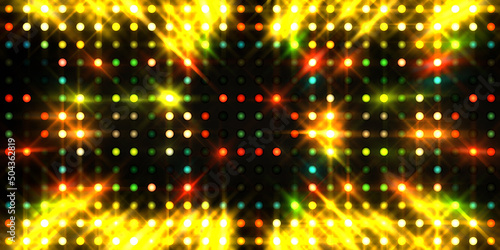 Shining lights party leds on black background. Digital illustration of stage or stadium spotlights. Glowing pattern wallpaper. Glamour background of colorful lights with spotlights. © Hybrid Graphics