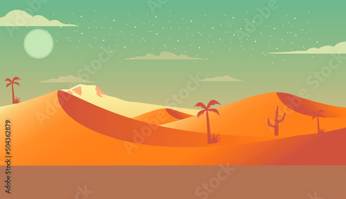 Landscape of a moroccan Sahara with clouds, sun and palm tree illustration. western sahara vector.