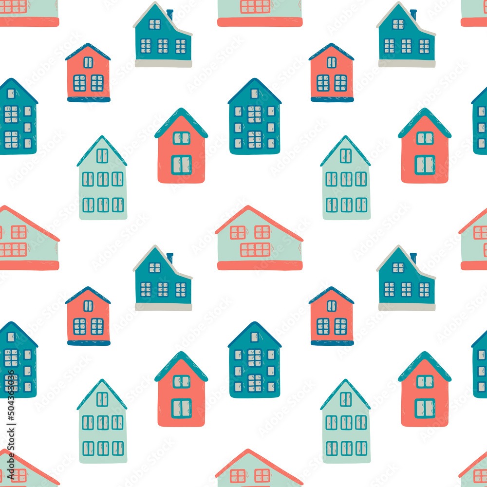 Vector seamless pattern with small cartoon houses on white background. Cute illustration for wallpaper, wrapping paper, background, fabric, textile.