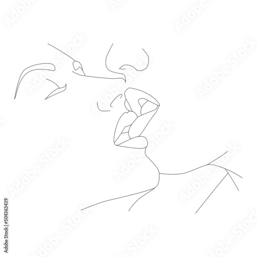A kiss. The face is a line. Kissing couple. Abstract, modern art. Drawing a single line for use in design.