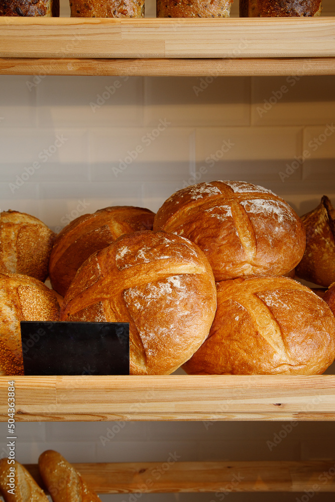 Various types of bread in market. Copyspace