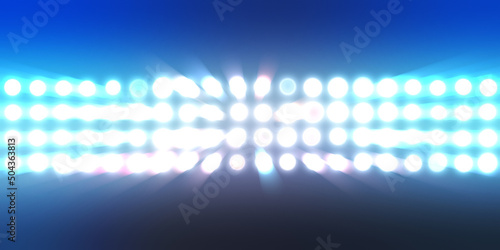Glowing pattern wallpaper. Glamour background of colorful lights with spotlights. Shining lights party leds on black background. Digital illustration of stage or stadium spotlights.