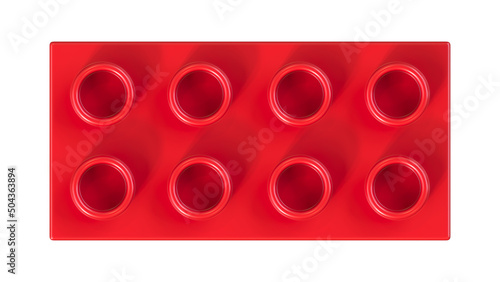 Close Up View of a Red Plastic Block Isolated on a White Background. Children Building Brick, Top View. High Quality 3D Rendering with a Work Path. 8K Ultra HD, 7680x4320