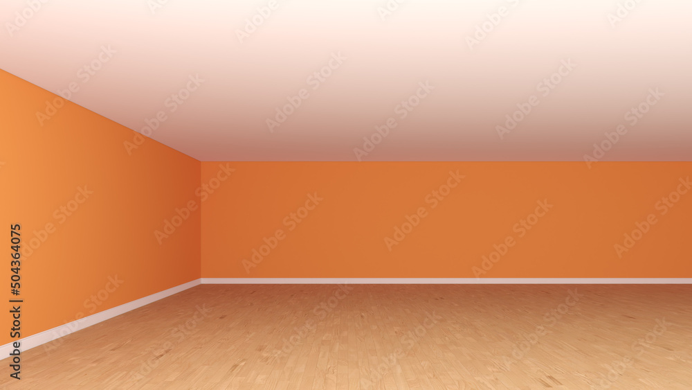 Beautiful Empty Room Corner without Furniture, Frontal View. Interior Concept with Orange Walls, White Ceiling, Wooden Parquet Flooring and a White Plinth. 3d rendering, 8K Ultra HD, 7680x4320 Beautiful Empty Room Corner without Furniture, Frontal View. Interior Concept with Orange Walls, White Ceiling, Wooden Parquet Flooring and a White Plinth. 3d rendering, 8K Ultra HD, 7680x4320