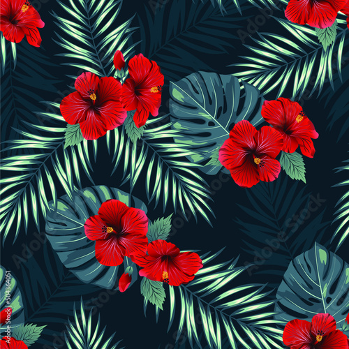 Tropical vintage red hibiscus floral green palm leaves seamless pattern dark green background. Exotic jungle wallpaper. Design for paper, cover, fabric, interior decor and other users.