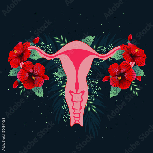 Beautiful female reproductive system with flowers. Feminine gynecology. Vector illustration