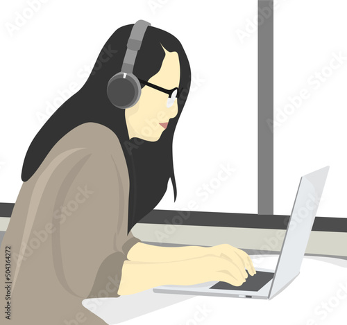 businesswomen working with laptop and headphone