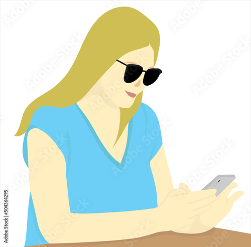 casual girl sit down and texting with a phone