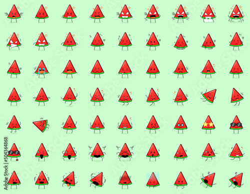Set of cute watermelon slice character expressions. angry expression, thinking, crying, sad, confused, flat, happy, scared, shocked, dizzy, hopeless, sleeping. suitable for emoticon and mascot
