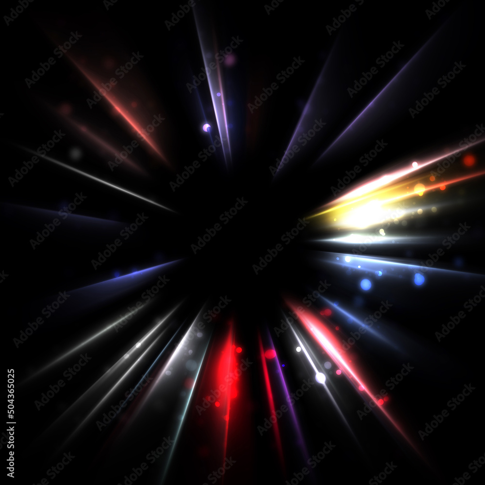 Fototapeta premium Pretty background of crossing beams of light and glowing particles. Wallpaper of vibrant colorful lights. Shinny light display.