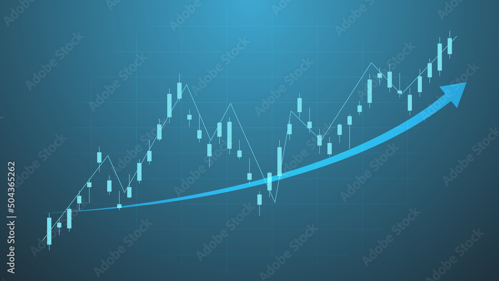 business and finance background concept. candlesticks chart with indicator line and uptrend arrow on green lighting background show stock market price trend for effective investment