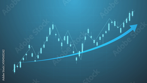 business and finance background concept. candlesticks chart with indicator line and uptrend arrow on green lighting background show stock market price trend for effective investment