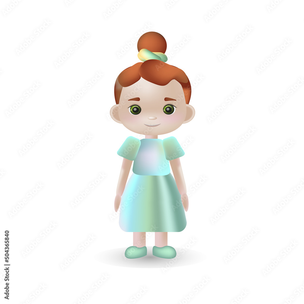 Vector 3d illustration, the girl in dress with red hair, green eyes, hairstyle one bun. Avatar, icon for the application. Kawaii smiling cartoon character.Suitable for children's products, books Vector 3d illustration, the girl in dress with red hair, green eyes, hairstyle one bun. Avatar, icon for the application. Kawaii smiling cartoon character.Suitable for children's products, books