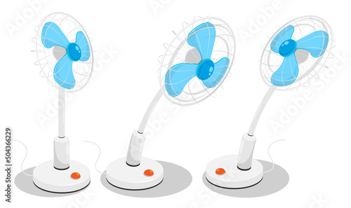 Electric fan on high stand for cooling. Maintaining comfortable temperature in room. Cartoon vector isolated on white background