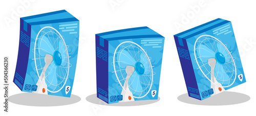 Cardboard box with electric fan, preparing for hot summer season. Maintaining comfortable temperature in room. Cartoon vector isolated on white background