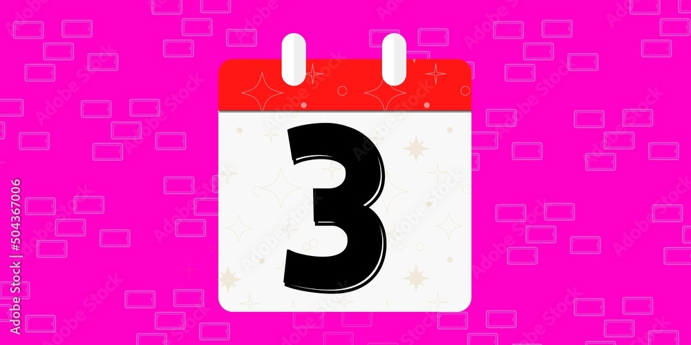 3th day of the calendar. Banner with three on an pink background with a white calendar 3th day of the calendar. Banner with three on an pink background with a white calendar