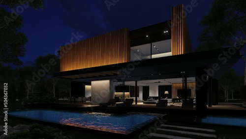 4K video rendering of modern cozy house with parking and pool for sale or rent with wood plank facade and beautiful landscaping on background. Fly-walk with light on