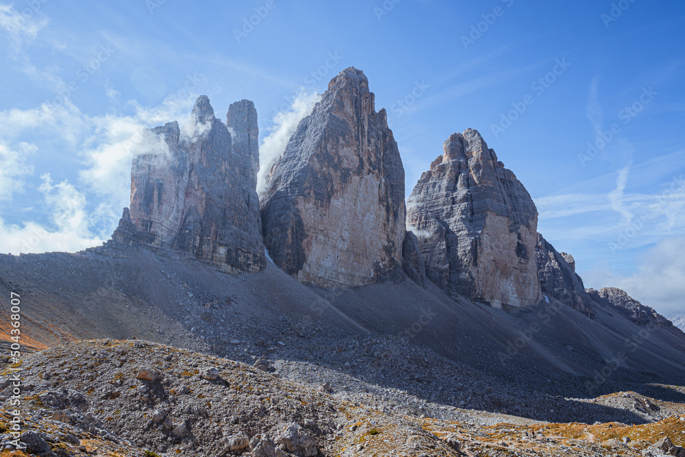 The three peaks of lavaredo: one of the most beautiful and famous mountains in the world, inside the tre cime-dolomiti di sesto natural park, Veneto - October 2021.