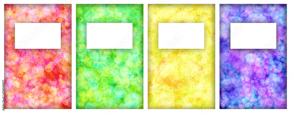 Set of colored backgrounds with bokeh effect in white rectangular frames with signs for text.