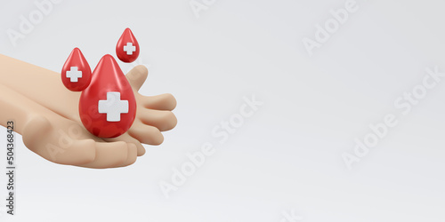 Obraz na plátne 3D Rendering of hand holding blood drop with red cross sign background, banner, card, poster concept of world blood donation day