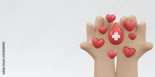 3D Rendering of hand holding blood drop with red cross sign background, banner, card, poster concept of world blood donation day. 3D Render illustration cartoon style. photo