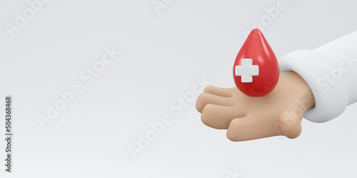 3D Rendering of hand holding blood drop with red cross sign background, banner, card, poster concept of world blood donation day. 3D Render illustration cartoon style. photo