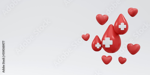3D Rendering of blood drop with red cross sign with copy space background, banner, card, poster concept of world blood donation day. 3D Render illustration cartoon style.