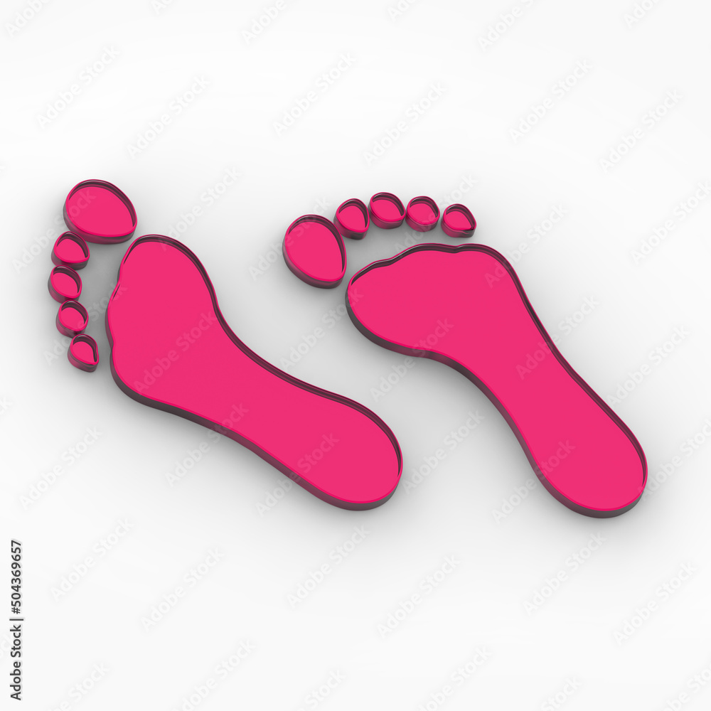 two red glass bare footprints. bare footprint close up. Square image. 3D image. 3D rendering. two red glass bare footprints. bare footprint close up. Square image. 3D image. 3D rendering.
