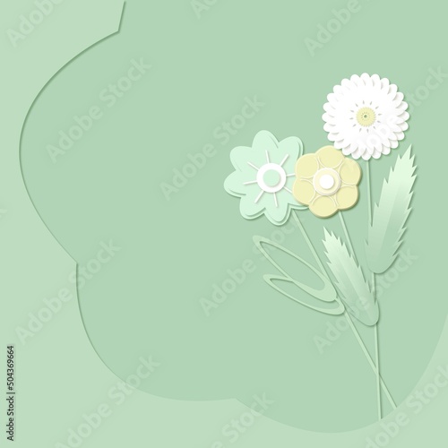 Flowers on green pastel background card or banner  in paper cut technic.