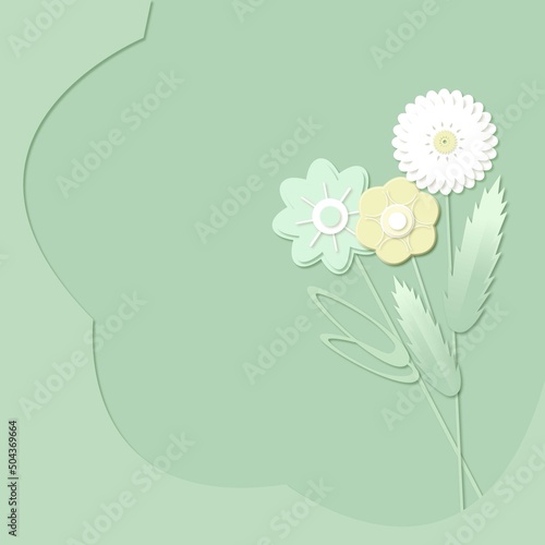 Flowers on green pastel background,card or banner  in paper cut technic.