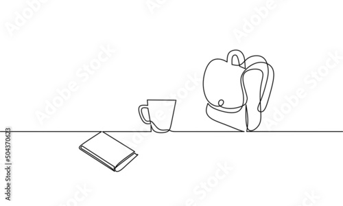 Continuous line drawing of book with bag and mug, back to school, object one line, single line art, vector illustration