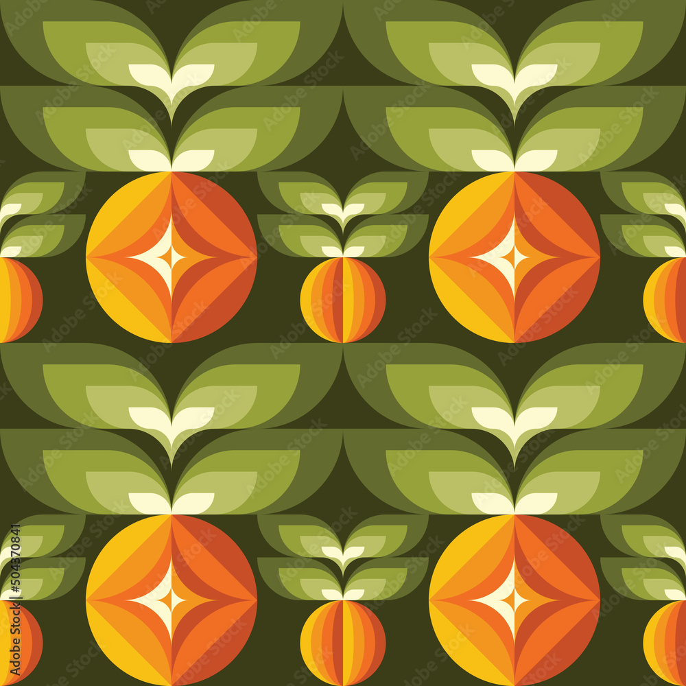 Fototapeta premium Background fruits, flowers and green leaves nature. Abstract geometric seamless pattern. Decorative ornament in flat design style. Ripe harvest banner. Floral backdrop. Organic vegetables product. 