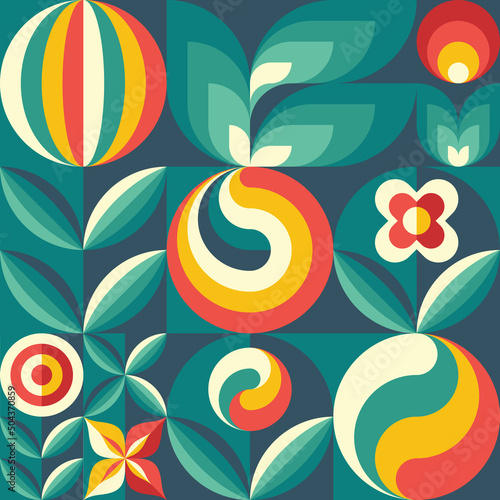 Background fruits and green leaves nature. Abstract geometric seamless pattern. Decorative ornament in flat design style. Ripe harvest banner. Floral backdrop. Organic vegetables product. Tropical.