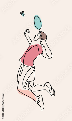 One line drawing of badminton player jump and smash the shuttlecock.