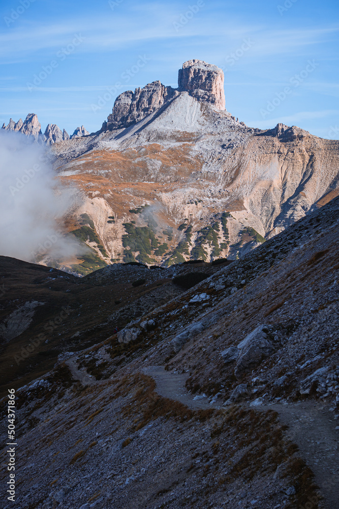 the peaks of the dolomites during autumn, one of the many unesco sites in the italian alps, near the town of Cortina d'ampezzo, Italy - October 2021.