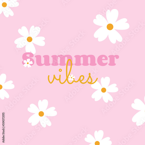 Summer vibes typography banner round design in flower frame, vector illustration