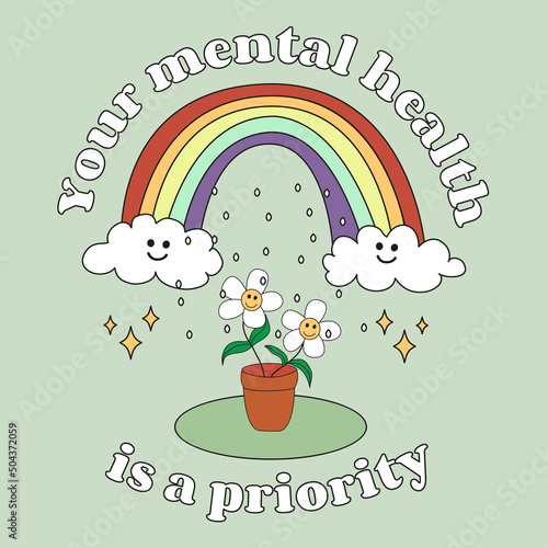 Your mental health is a priority. A rainbow with clouds, it is raining and a houseplant with flowers. Fashionable design for stickers, greeting cards, prints on T-shirts, posters.