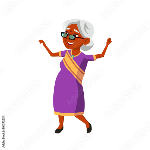 Elderly Woman Dancing Indian National Dance Vector. Grandmother Wearing India Traditional Dress Performing Attractive Motion On Festival. Character Grandma Enjoyment Flat Cartoon Illustration